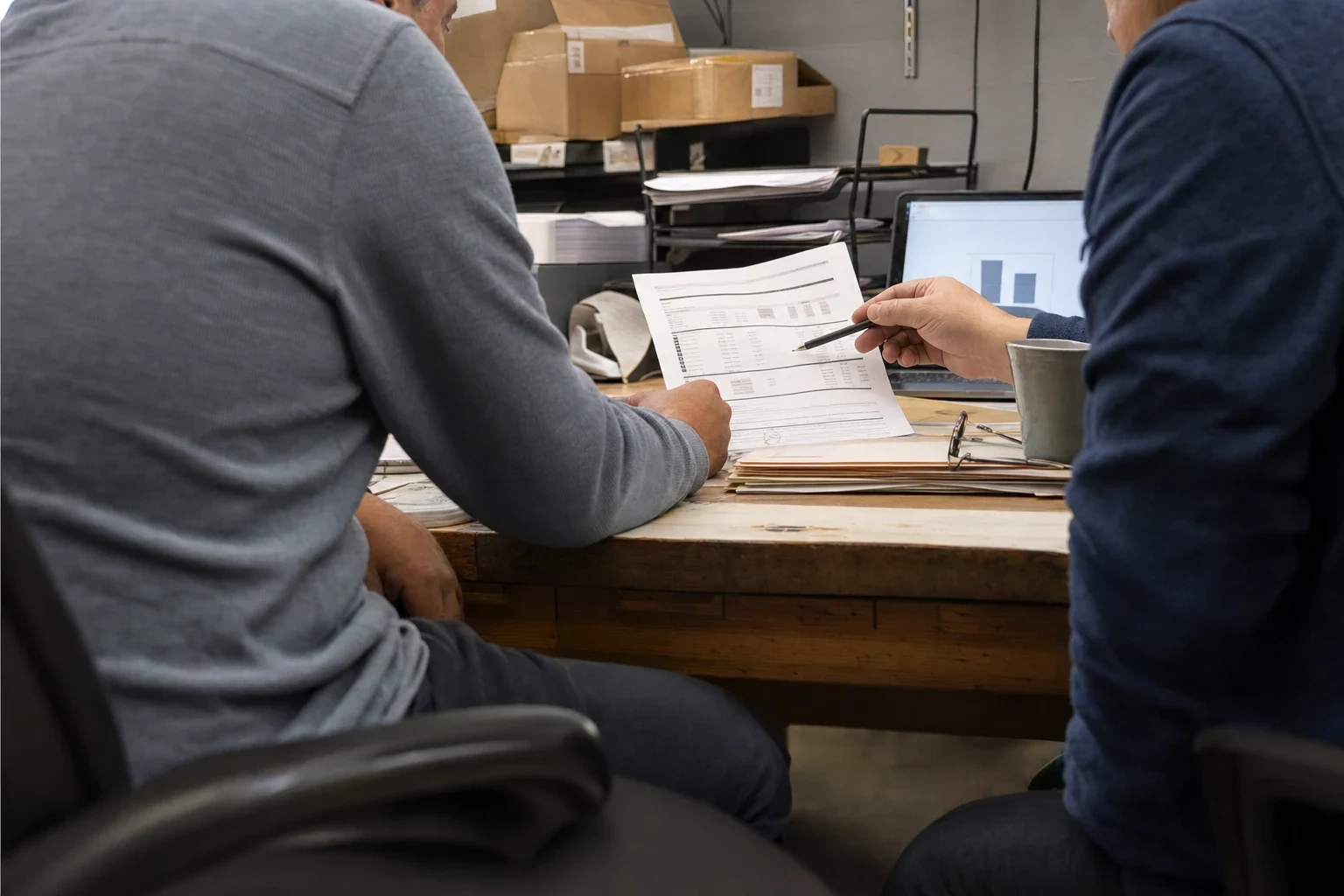 Two men seen from behind at a worn wooden desk in a shop back office, one holding a printed sheet while the other points to it with a pen, boxes on shelves behind